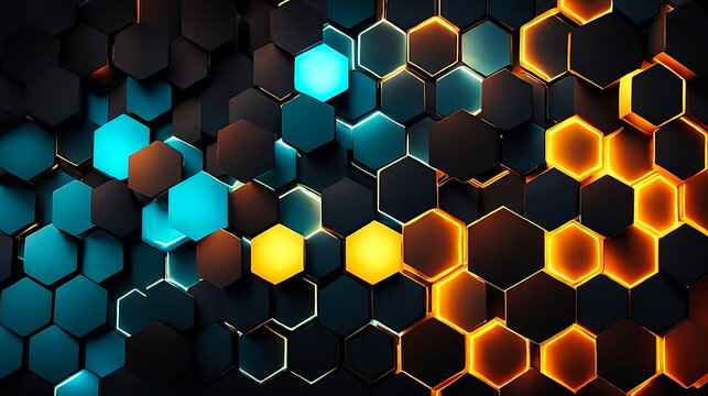 Abstract hexagon pattern background with glowing lights.