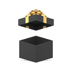Black fashion open gift box with premium golden bow ribbon 3d icon realistic vector illustration