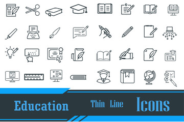 Education e-learning thin line editable vector icons. School icons: school subjects, supplies, science, and online learning. Isolated on white