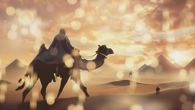 camels in the barren desert at sunset