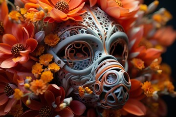 Fototapeta premium A masquerade with fancy masks and bright flowers close up