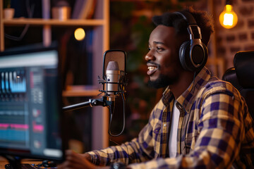 Young African American man with headphones and microphone in his home studio - obrazy, fototapety, plakaty