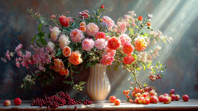 Beautiful bright still life with multi-colored flowers