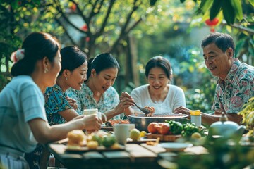 Cheerful Asian Chinese family and friends bonding over a picnic barbecue in the garden, a perfect...