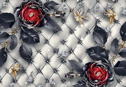 Diamonds and roses with grey feathers wallpaper with white background, in the style of gold and black, 32k uhd, luminous shadowing, fused glass art, black paintings.