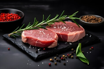 Raw fillet meat pork on black marmor board with peper seasoning and green rosemary