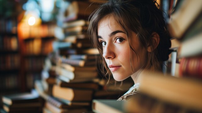 Young woman surrounded by books in library, portrait of intellectual beauty