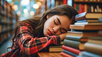 Young woman asleep at library desk surrounded by books - obrazy, fototapety, plakaty