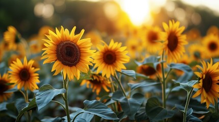 Obraz premium Golden hour sunlight shining through beautiful sunflower field