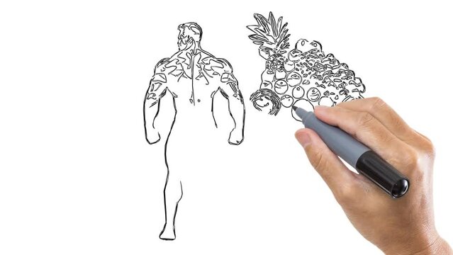 Hand drawn animation of a man having muscles with healthy fruits