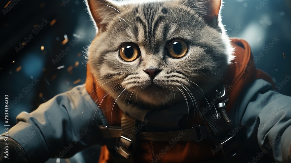 Poster a cat wearing a spacesuit is sitting in a spaceship.