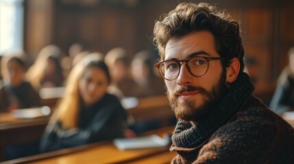 Confident young man in glasses at university lecture hall - obrazy, fototapety, plakaty
