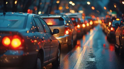 Foto op Plexiglas Busy city traffic on a rainy evening with glowing headlights © OKAN