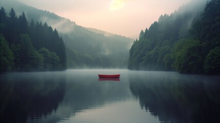 Solitary red boat on a misty lake at sunrise surrounded by forest - obrazy, fototapety, plakaty