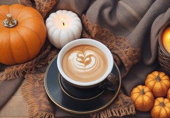 Set the autumn mood with this top view photo of a gilded cup of coffee, patchy scarf with pumpkin candles on brown isolated backdrop make it a perfect composition for text or advert placement
 - obrazy, fototapety, plakaty
