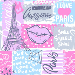 Fototapeta na wymiar Abstract seamless modern pattern with Paris, lips, slogan and hearts. Abstract fashion print design in hand drawing style.