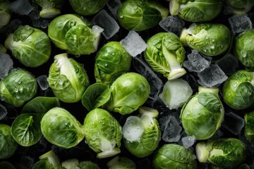 frozen brussels sprouts flat lay with ice on black background. Healthy vegan  lifestyle. 