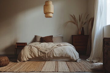 A well-lit minimalist bedroom featuring a large comfortable bed with earth-toned bedding, a woven rug, and natural decor elements like pampas grass and wooden furniture.