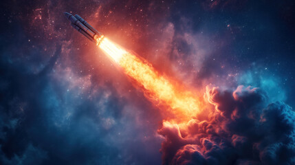 The launch of a space heavy rocket at night