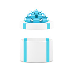 White elegant circle gift box with open cap and stylish blue bow ribbon 3d icon realistic vector