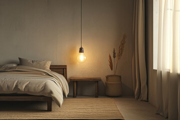 A cozy minimalist bedroom with soft bedding on a wooden bed, a hanging Edison bulb, a bench, a textured rug, and decorative plants by a sunlit window.

