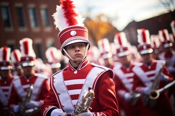 marching band musician closeup dressed in festive uniform on parade celebration