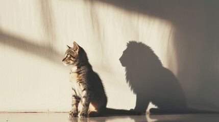 Whiskered Mirage: The Little Cat with a Lion's Shadow. Generative AI - obrazy, fototapety, plakaty