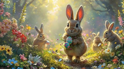An Easter bunny holding colorful easter eggs in hands