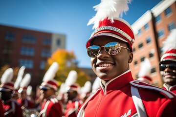 marching band diverse black musician guy closeup dressed in festive uniform on parade celebration