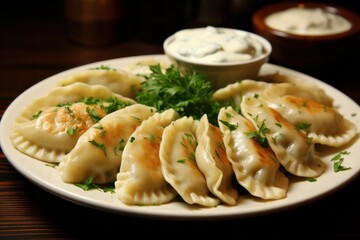 Polish pierogi appetizer served on round plate with sour cream and dill at traditional restaurant or family dinner in Poland