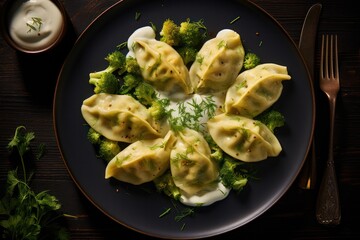 Polish pierogi appetizer served on round plate with sour cream and dill at traditional restaurant...