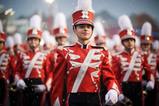 marching band musician closeup dressed in festive uniform on parade celebration