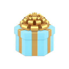 Blue elegant hexagonal gift bow with luxury golden bow ribbon 3d icon realistic vector illustration