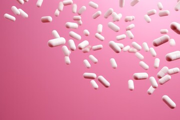 white capsules flying in the air on pink background. Medical banner. Prescription of medication. Pills and  treatment concept. Pharmacy and clinic banner with copy space. Opioid crisis, painkillers. 