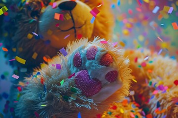 Close-up of a plush teddy bear with a heart embroidered on its paw surrounded by colorful confetti creating a warm and delightful scene for a birthday celebration