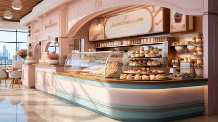 Naklejka premium Modern bakery interior with pink walls and blue counters