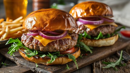 Gourmet cheeseburgers with fries on rustic wooden board in restaurant setting - obrazy, fototapety, plakaty