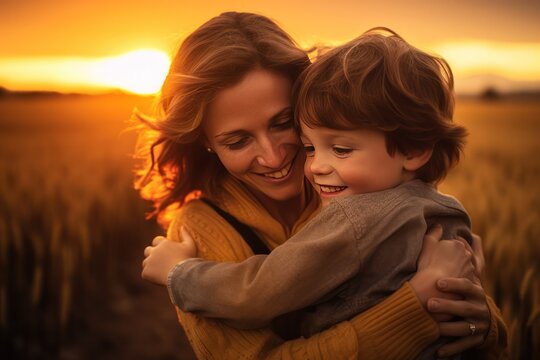 Mom hugging her son at sunset in nature or park in summer or autumn. Mother's Day heartwarming photo. Love, warm emotional relationship, parenthood, family concept. 