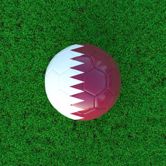 Flag Of Qatar On Soccer Ball With Grass Background