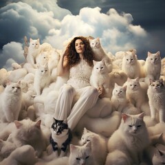 A woman sits on a cloud with many white cats around her