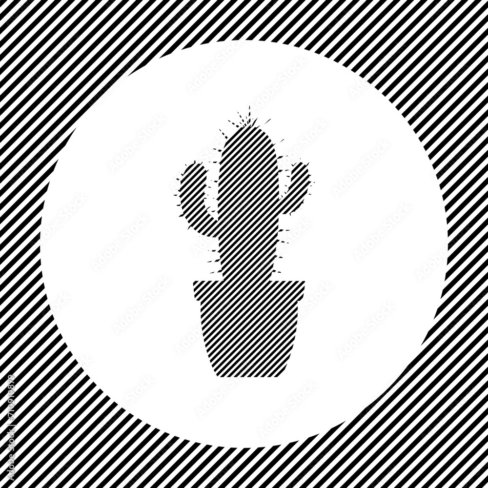 Poster a large cactus symbol in the center as a hatch of black lines on a white circle. interlaced effect. 