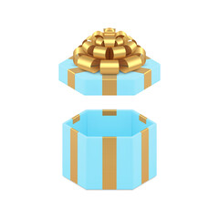 Luxury blue hexagonal festive open gift box with glossy golden bow ribbon 3d icon realistic vector
