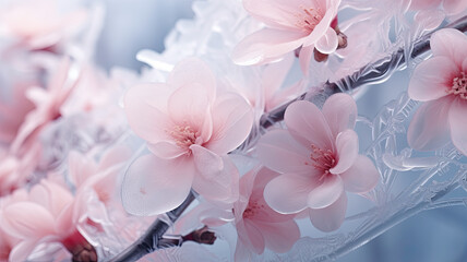 Pink background for spring, calmness, peace, love or cancer concepts. Cherry blossoms in bloom, symbolizing renewal and hope. Elegant pink petals in ice. Frosty natural winter or spring background