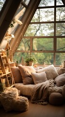 Cozy living room with large windows and a comfortable couch