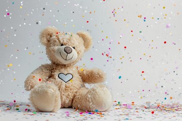 Plush teddy bear with a heart embroidered on its paw surrounded by confetti on a white backdrop conveying the sweetness and warmth of a birthday celebration