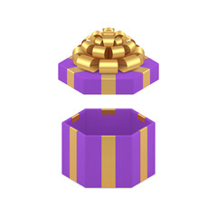Obraz premium Purple hexagonal open gift box luxury golden bow ribbon 3d icon realistic vector illustration