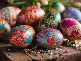 close-up Colorfully decorated Easter eggs with intricate patterns displayed on a rustic wooden table