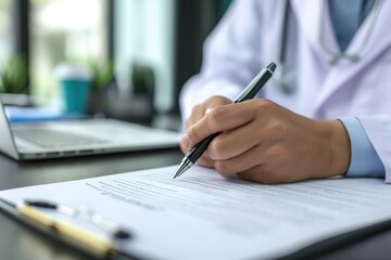 Fototapeta premium Doctor hands writing on paper or document at a desk in the hospital.