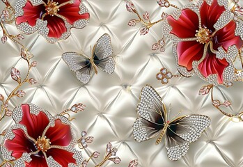 Red and white flowers and butterflies made of diamonds on light fabric, in the style of photorealistic renderings, white and gold, vibrant murals, vividly bold designs, symmetrical designs, butterfly.