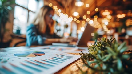 Businesswoman analyzing data charts on laptop in cozy cafe environment